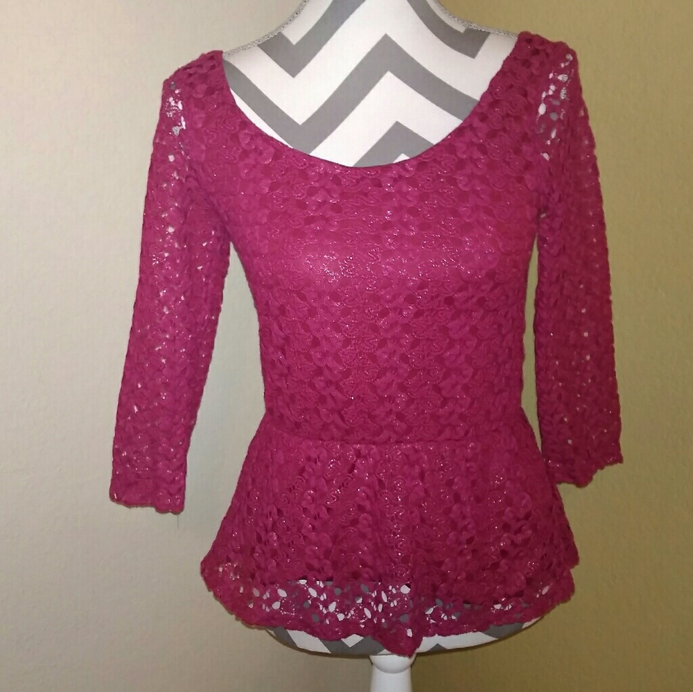 Lace Peplum Blouse Top Maroon Small